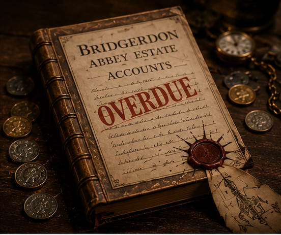 Old Bridgerdon Abbey estate account book stamped overdue and surrounded by coins.