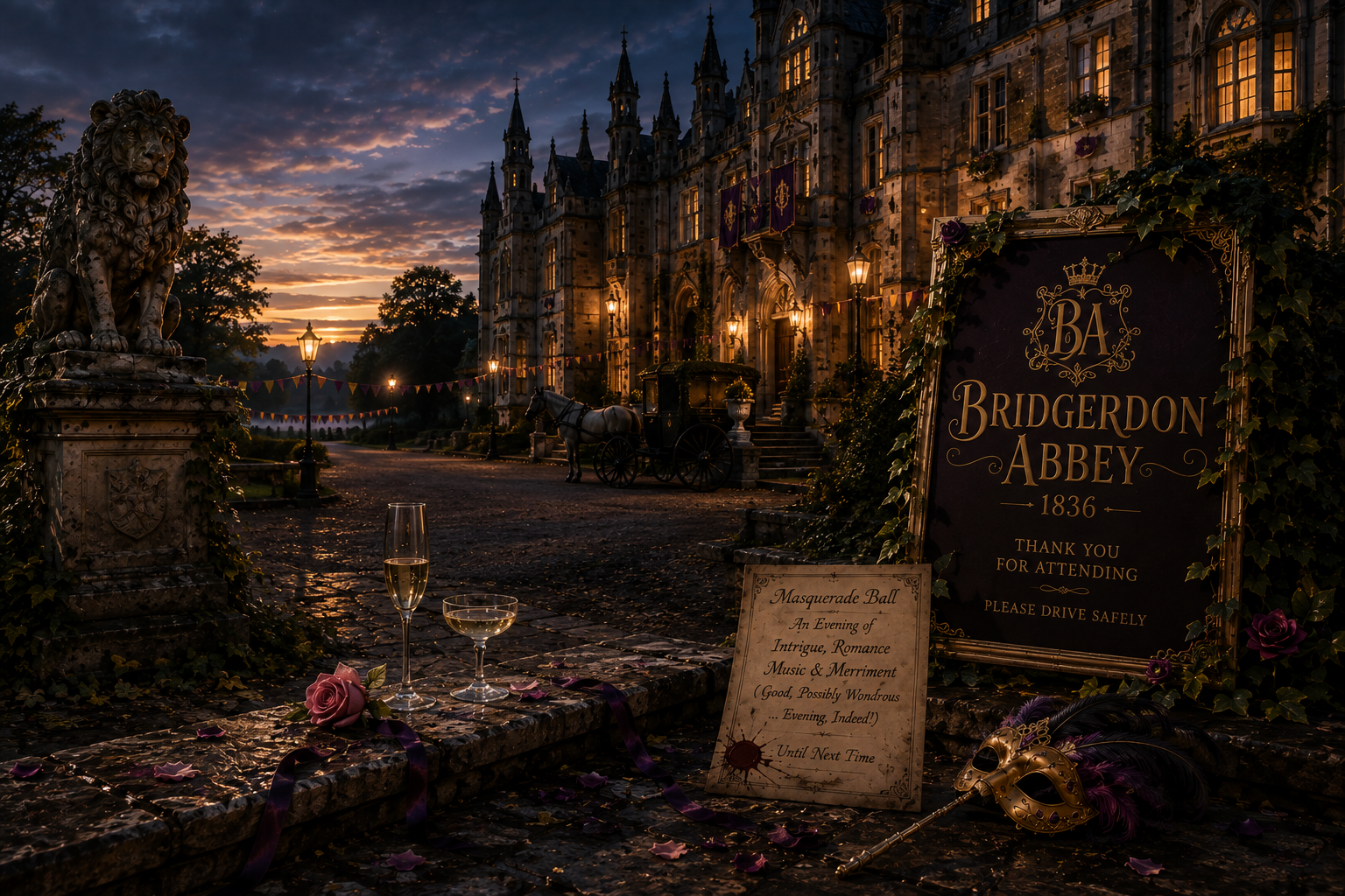 Bridgerdon Abbey at dawn after the masquerade, with empty grounds, a carriage, champagne glasses, roses and a discarded mask.