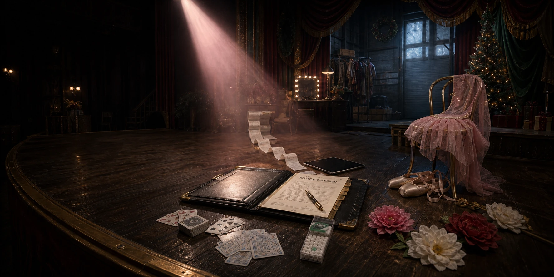 A dark North Pole rehearsal stage on Christmas Eve, with a hostile-takeover contract under a pink spotlight, a tutu, ballet slippers, marked cards, lottery tickets, a financial scroll, flowers, and a small mint dispenser.