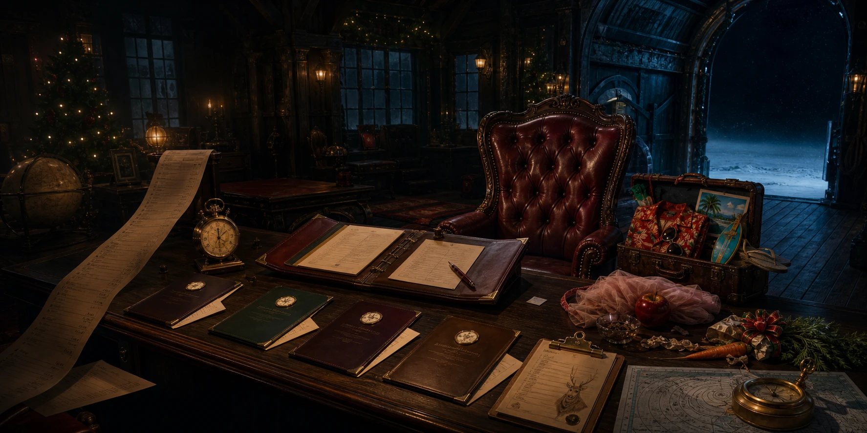 Santa’s empty oxblood command chair in the North Pole dispatch room on Christmas Eve, surrounded by retirement papers, four candidate portfolios, a tropical suitcase, and artifacts from a succession contest.