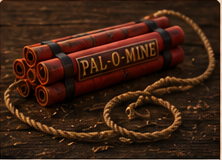 A theatrical bundle of dynamite labeled Pal-o-Mine with an absurdly long fuse.