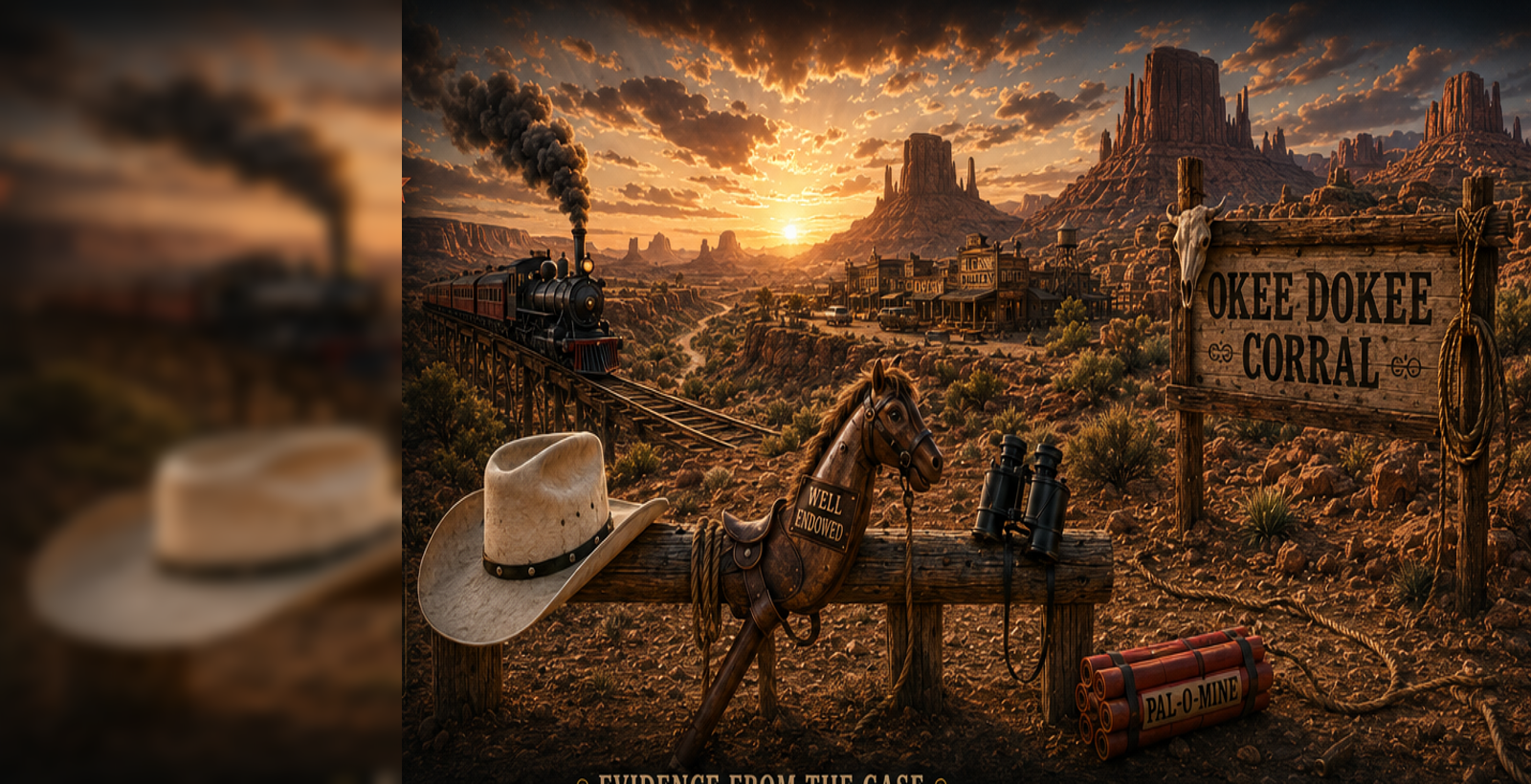 A cinematic western landscape with a steam train, desert mesas, a frontier town, the Okee Dokee Corral, a tiny hobby horse named Well Endowed, binoculars, and dynamite.
