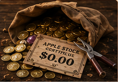 A loot sack spilling gold, valuables, and worthless Apple stock.