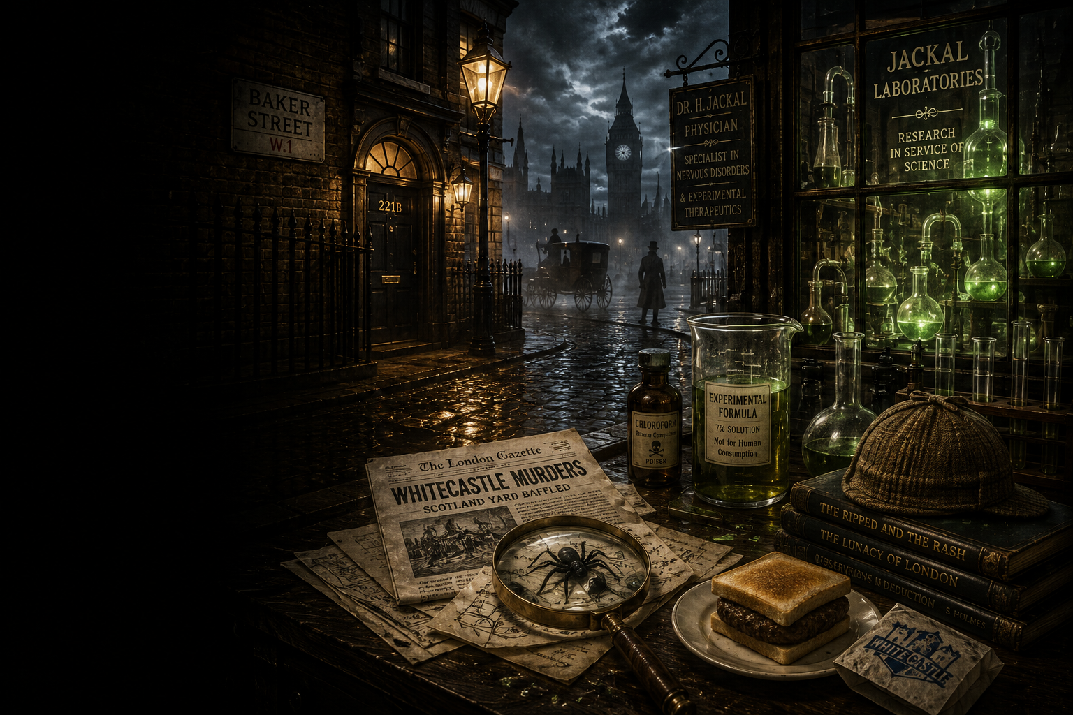 Foggy Victorian Baker Street beside Dr. Jackal's green-lit laboratory.