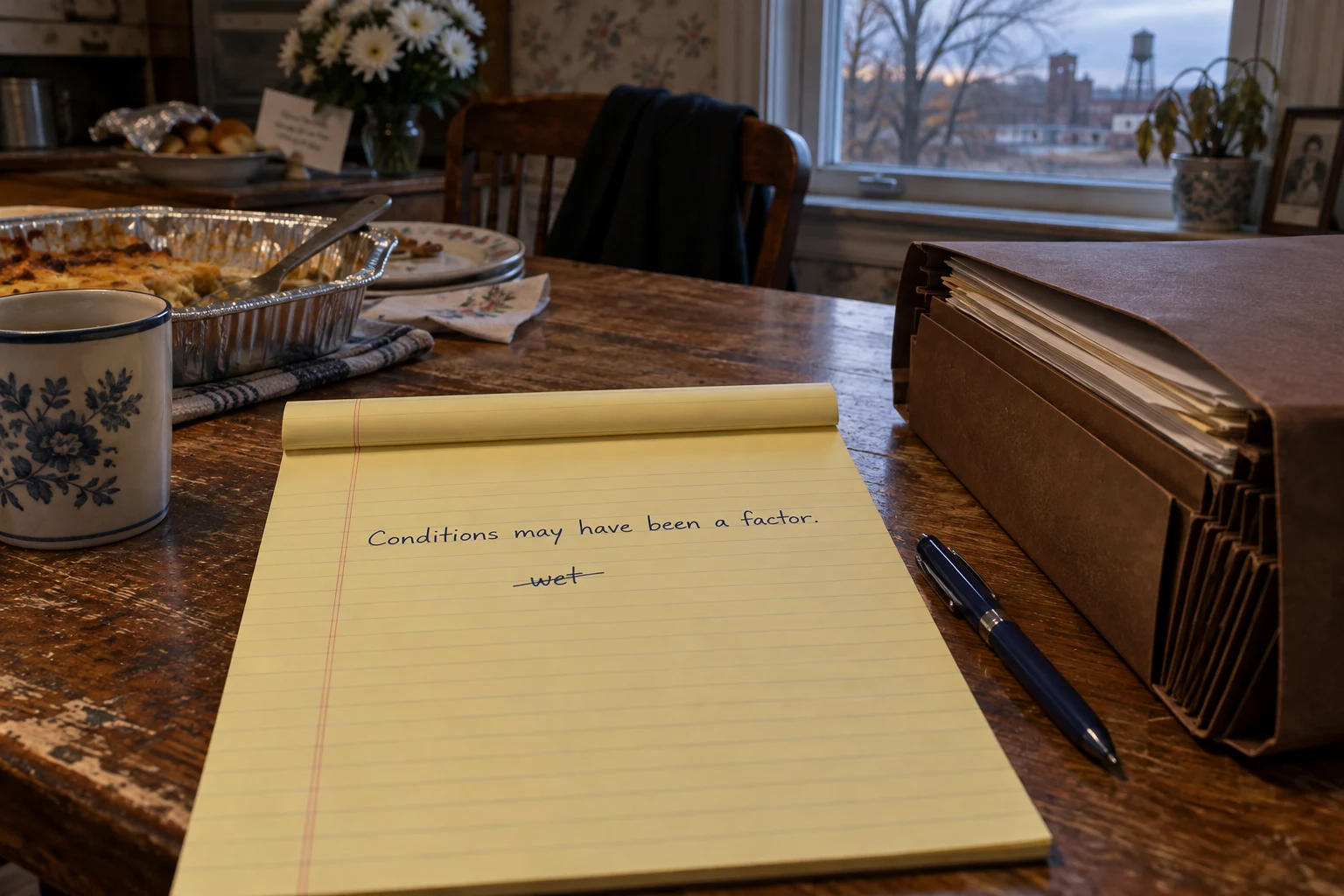 A yellow legal pad with a carefully phrased statement and the word wet crossed out, beside an insurance folder on a kitchen table.