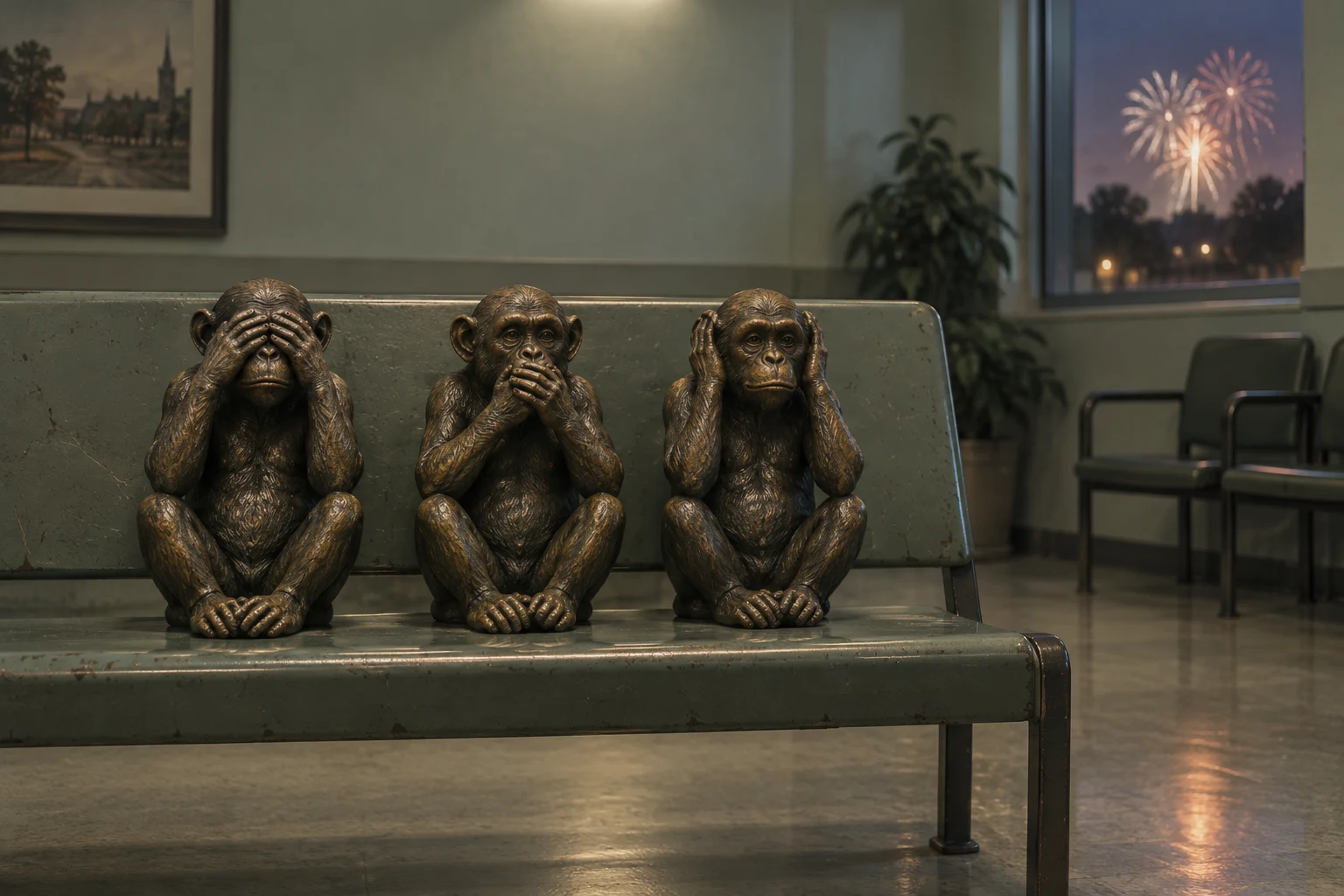 Bronze see-no-evil, speak-no-evil, and hear-no-evil monkeys on a waiting-room bench, with fireworks beyond the window.