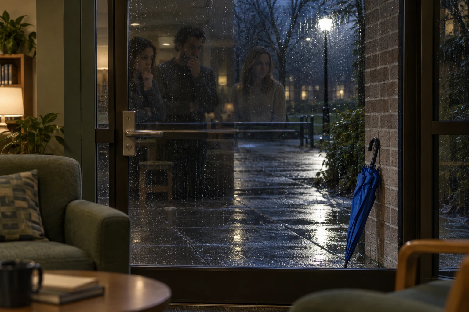 A closed blue umbrella beside a rain-streaked glass door, with three indistinct reflections.