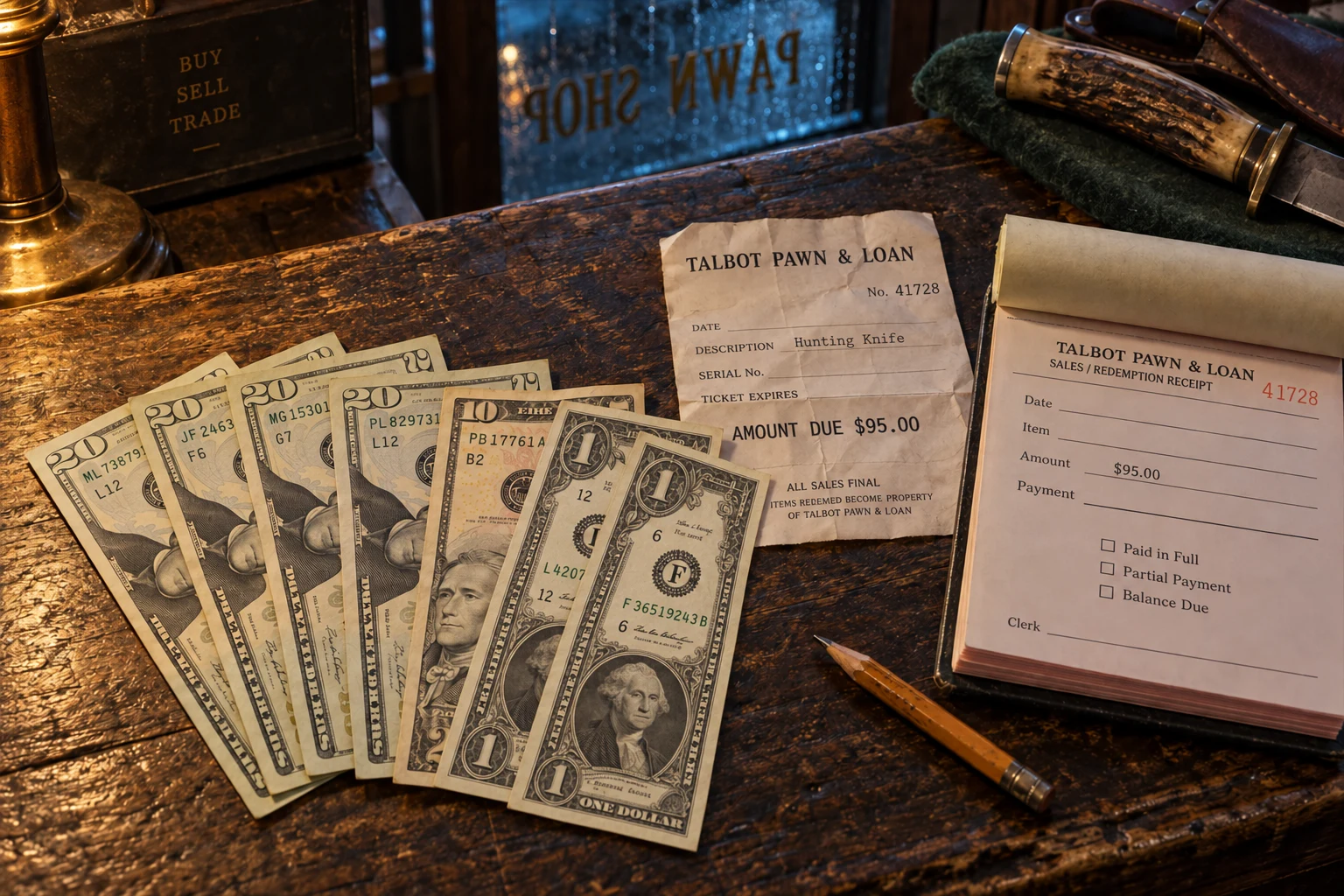 Ninety-two dollars on a pawnshop counter beside a ninety-five-dollar pawn ticket and an open receipt book.