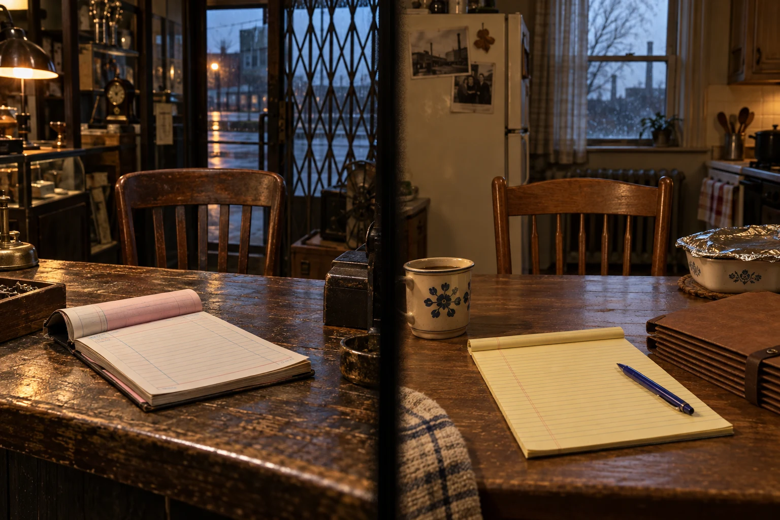 Two adjoining empty rooms: a pawnshop counter with a receipt book and a kitchen table with a legal pad.