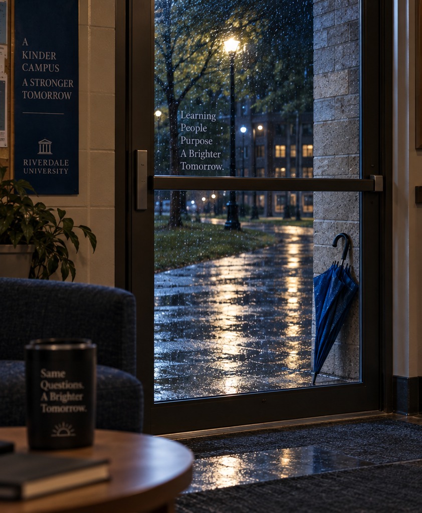 A blue umbrella leaning outside a glass university door on a rainy night.
