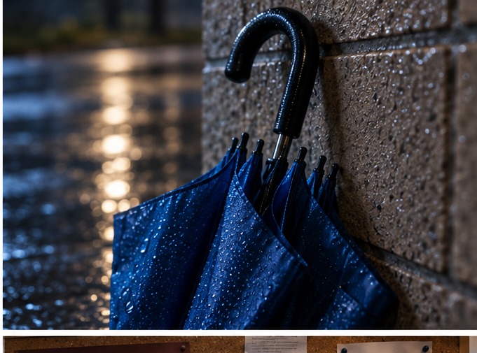 A close view of an ordinary blue umbrella beaded with rain beside a university building.