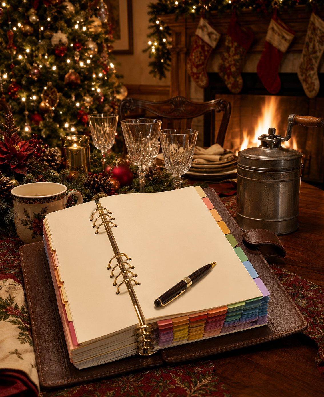 A text-free Christmas table arranged around a heavily tabbed planning binder.
