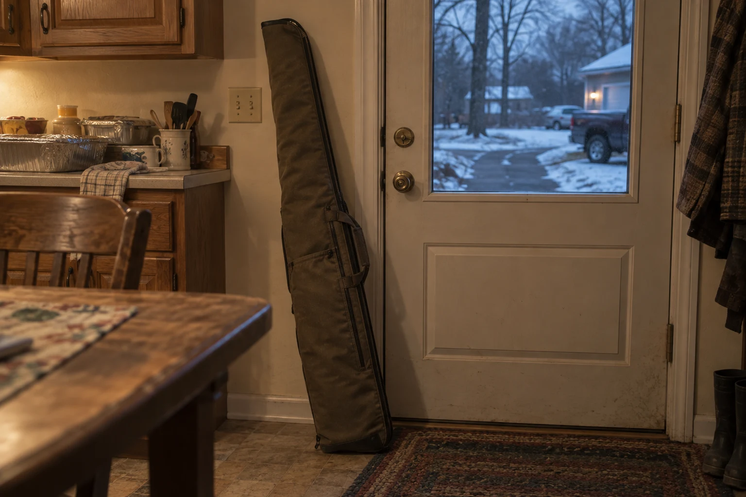 A closed soft hunting rifle case beside the kitchen back door, with the cold driveway beyond the glass.