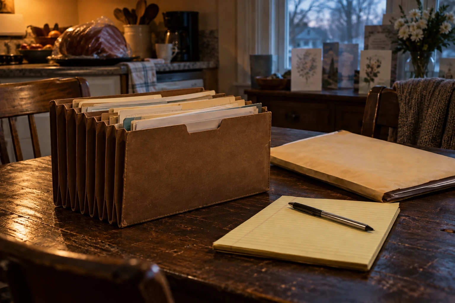 An open accordion insurance folder, a legal pad, and a thick envelope of papers on the kitchen table.