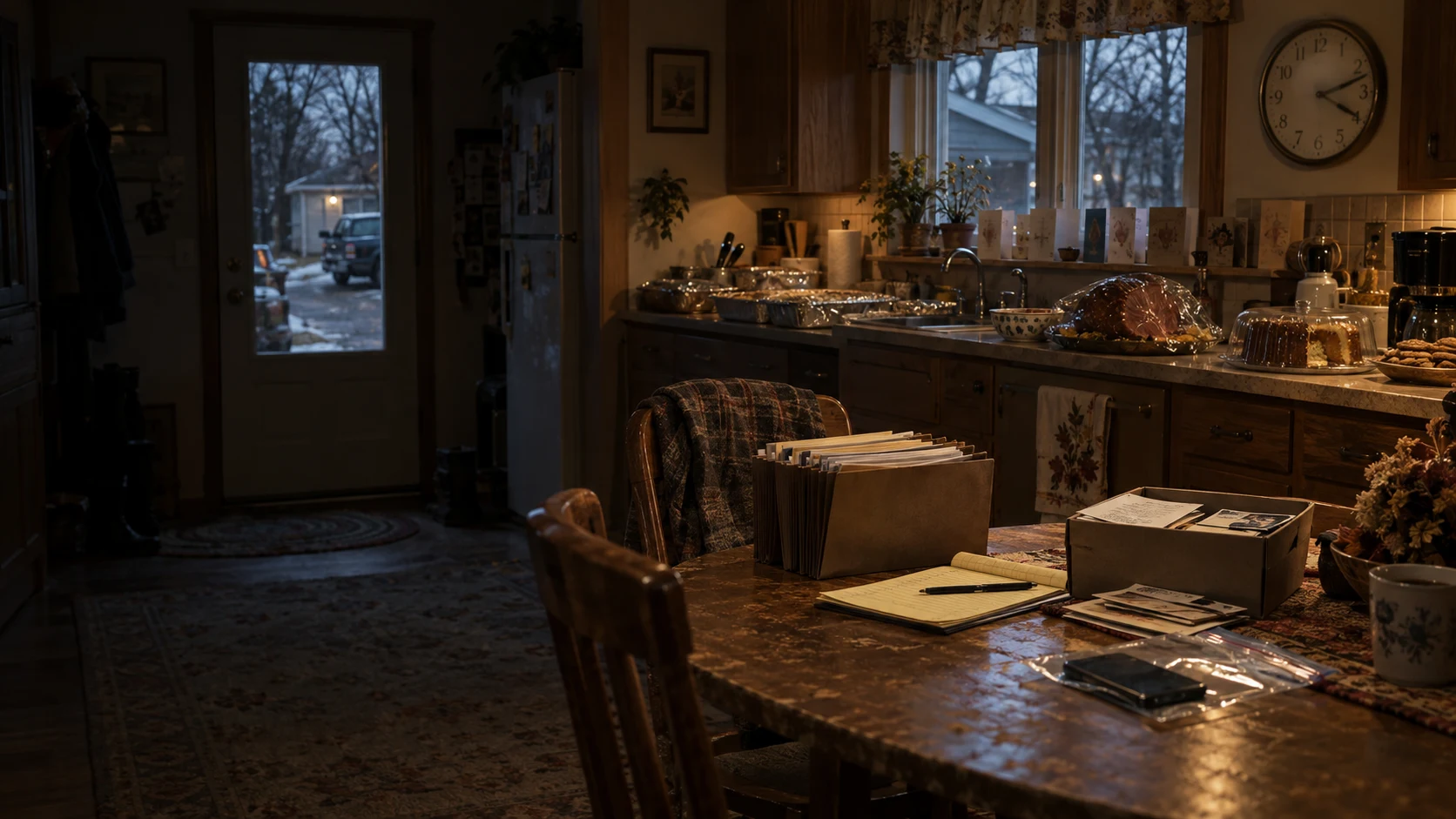 Funeral food and insurance paperwork crowd the Pruitt kitchen in Contestable.