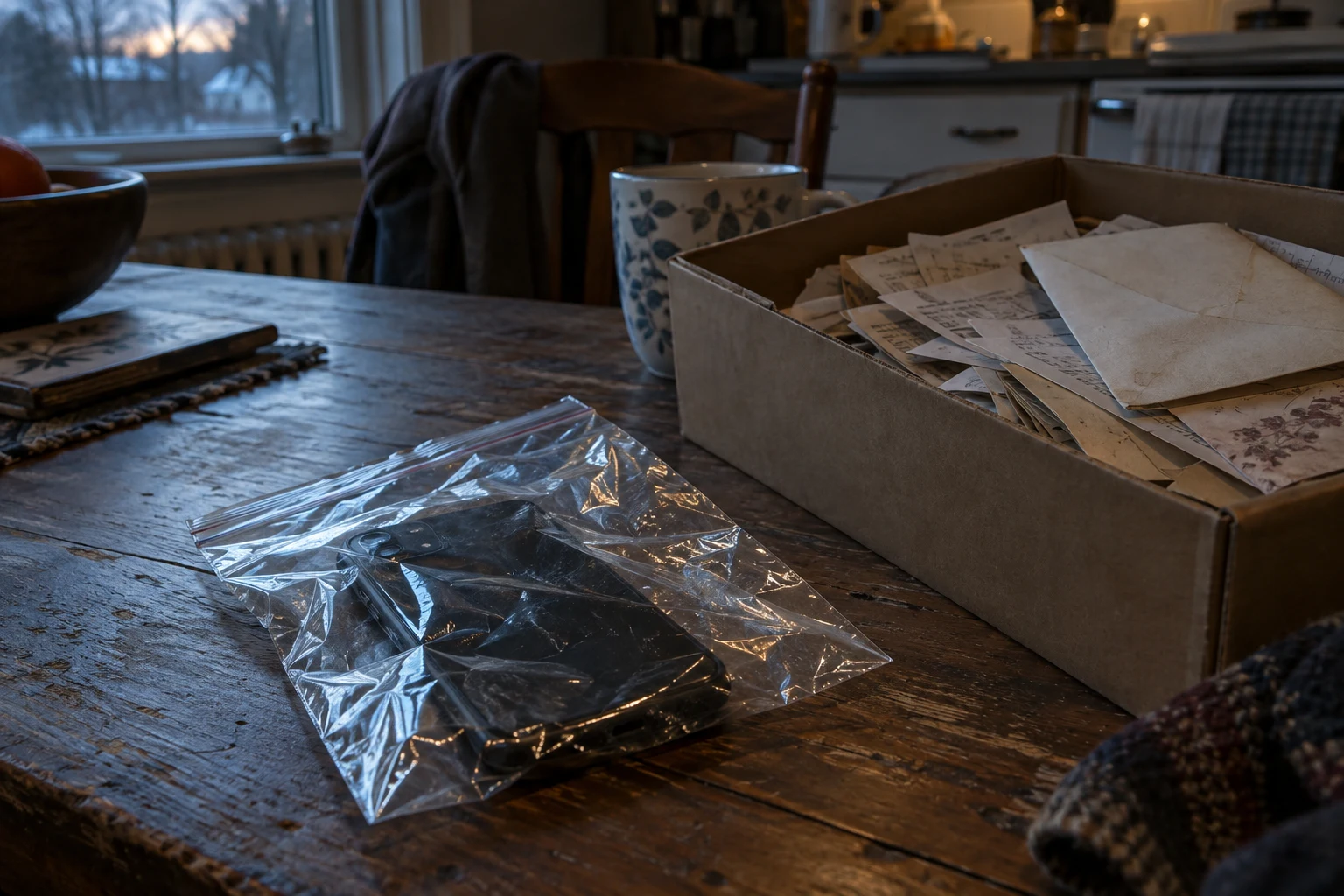 Dennis’s phone face down in a clear plastic bag beside a shoebox of old receipts and envelopes.