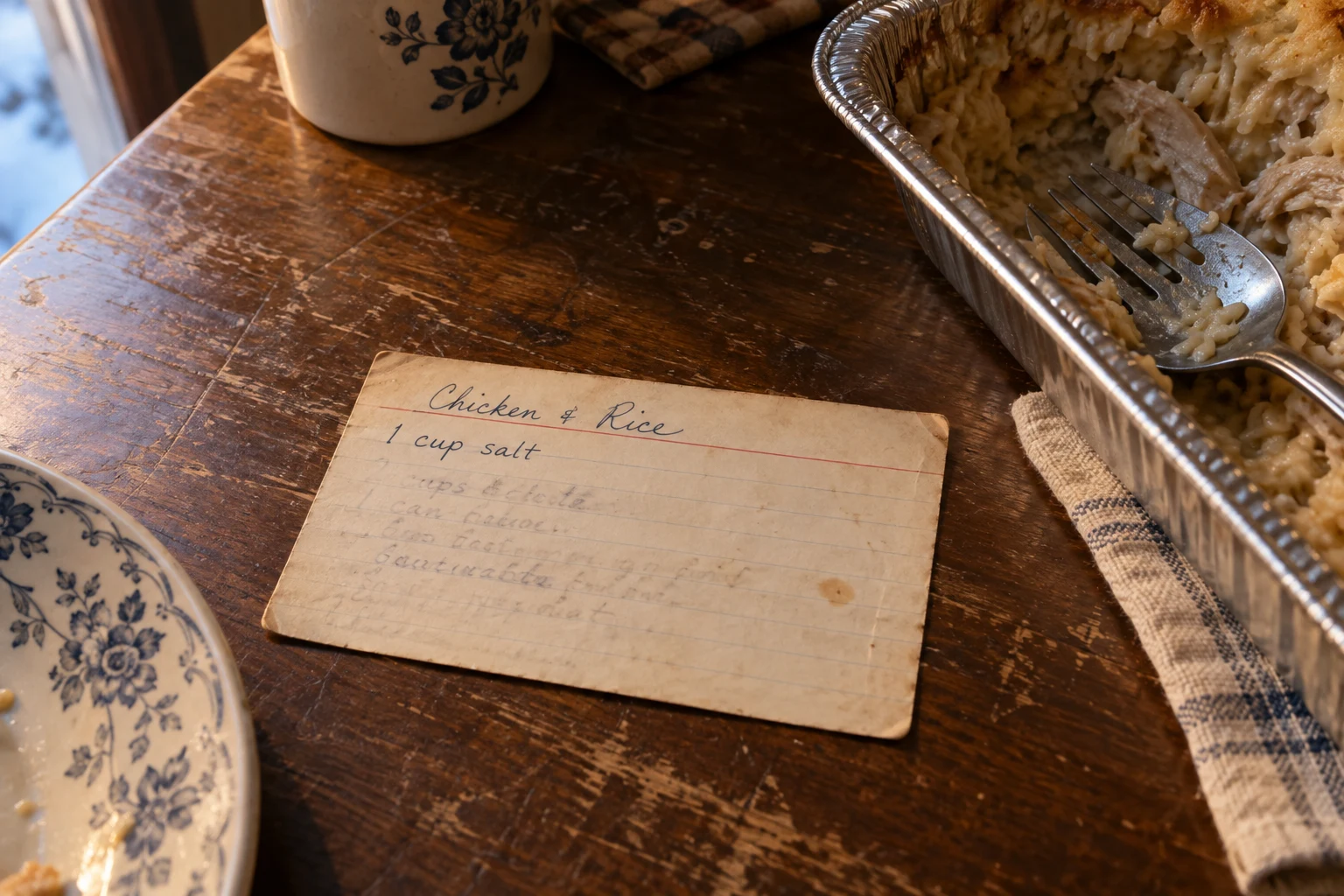 A worn recipe card reading Chicken & Rice and 1 cup salt beside a funeral casserole.