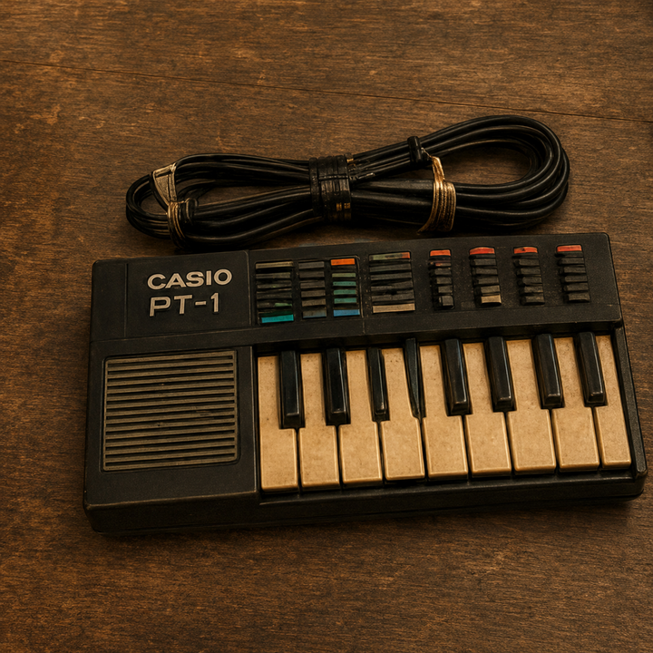 Schrader’s compact keyboard with a wrapped power cord.