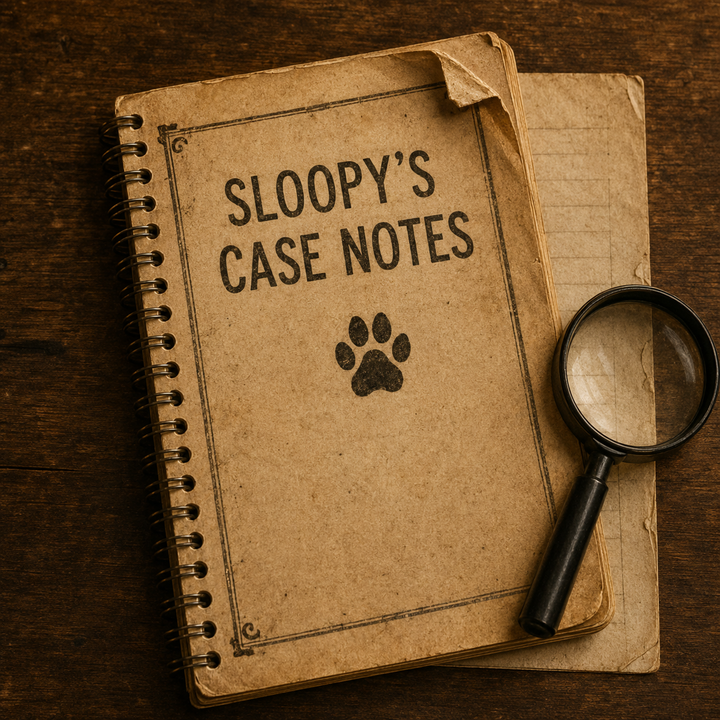 Sloopy’s detective notebook with dog-eared pages and a magnifying glass.