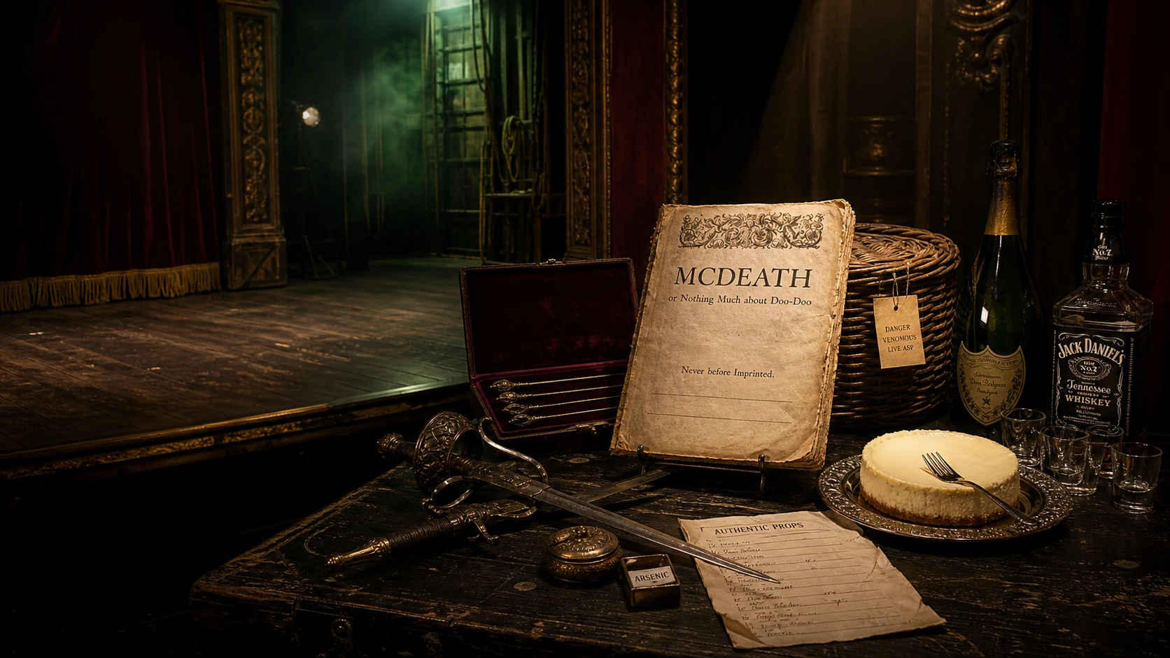 An empty, timeworn theatre stage beside a prop table holding the McDeath script, crossed swords, poisoned darts, a basket marked dangerous venomous live asp, champagne, whiskey, cheesecake, arsenic, and an authentic-props inventory.