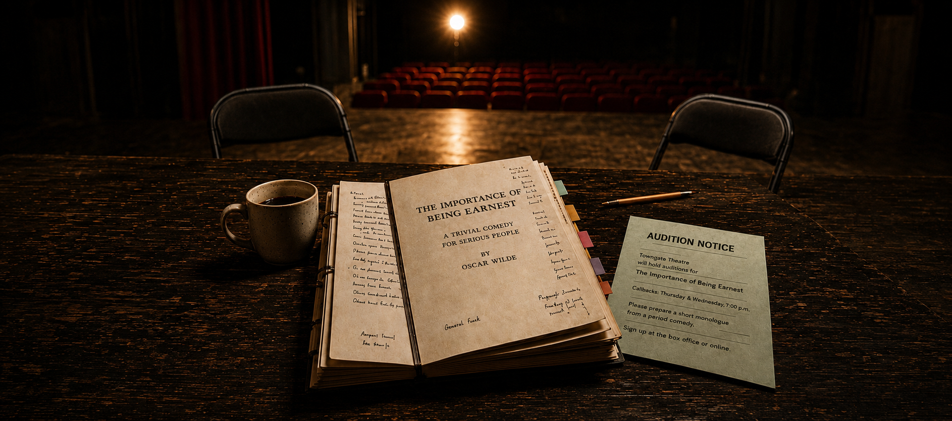 An empty community theatre stage with a rehearsal table, an open script, coffee cup, pencil, and audition notice for Places.